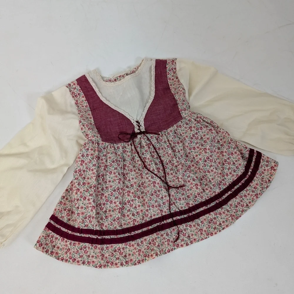 70s Floral Apron Blouse Red Trim Long Sleeve Front Tie Bow Peasant Milkmaid - Picture 5 of 8